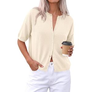 image:imagePRETTYGARDEN Women Spring Short Sleeve Cardigan Sweaters Button Down Knit Shirt Blouse Dressy Casual Tops 2026 Summer OutfitsBeige