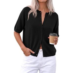 image:imagePRETTYGARDEN Women Spring Short Sleeve Cardigan Sweaters Button Down Knit Shirt Blouse Dressy Casual Tops 2026 Summer OutfitsBlack