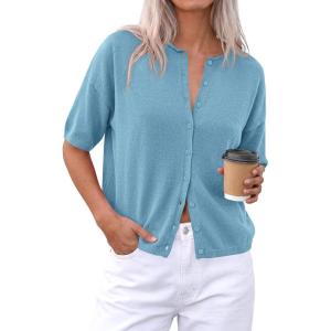 image:imagePRETTYGARDEN Women Spring Short Sleeve Cardigan Sweaters Button Down Knit Shirt Blouse Dressy Casual Tops 2026 Summer OutfitsLight Blue