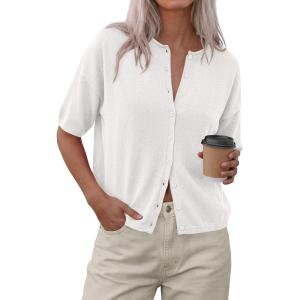 image:imagePRETTYGARDEN Women Spring Short Sleeve Cardigan Sweaters Button Down Knit Shirt Blouse Dressy Casual Tops 2026 Summer OutfitsWhite