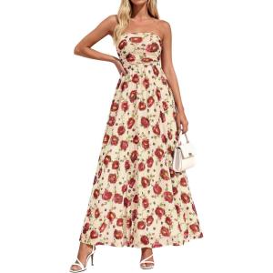 image:imagePRETTYGARDEN Women Strapless Maxi Dress 2026 Summer Floral Tube Top Ruched Beach Spring Wedding Guest Long DressesFloral Apricot Red