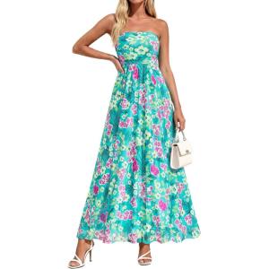 image:imagePRETTYGARDEN Women Strapless Maxi Dress 2026 Summer Floral Tube Top Ruched Beach Spring Wedding Guest Long DressesFloral Blue Green