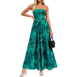image:imagePRETTYGARDEN Women Strapless Maxi Dress 2026 Summer Floral Tube Top Ruched Beach Spring Wedding Guest Long DressesFloral Green