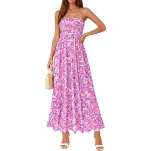 image:imagePRETTYGARDEN Women Strapless Maxi Dress 2026 Summer Floral Tube Top Ruched Beach Spring Wedding Guest Long DressesFloral Purple