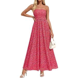 image:imagePRETTYGARDEN Women Strapless Maxi Dress 2026 Summer Floral Tube Top Ruched Beach Spring Wedding Guest Long DressesFloral Red