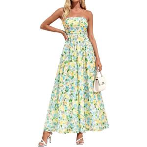 image:imagePRETTYGARDEN Women Strapless Maxi Dress 2026 Summer Floral Tube Top Ruched Beach Spring Wedding Guest Long DressesFloral White Light Green