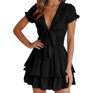 image:imagePRETTYGARDEN Women Summer Short Dress 2026 Casual V Neck Short Sleeve Tiered Bow Mini Sun Dresses Beach Vacation SundressBlack
