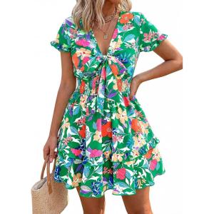 image:imagePRETTYGARDEN Women Summer Short Dress 2026 Casual V Neck Short Sleeve Tiered Bow Mini Sun Dresses Beach Vacation SundressFloral Green Orange