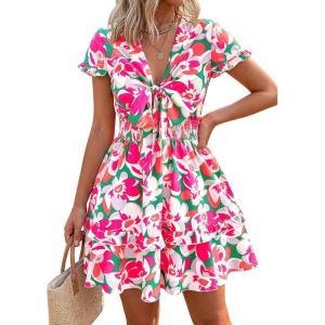 image:imagePRETTYGARDEN Women Summer Short Dress 2026 Casual V Neck Short Sleeve Tiered Bow Mini Sun Dresses Beach Vacation SundressFloral Green Pink