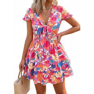 image:imagePRETTYGARDEN Women Summer Short Dress 2026 Casual V Neck Short Sleeve Tiered Bow Mini Sun Dresses Beach Vacation SundressFloral Pink Orange
