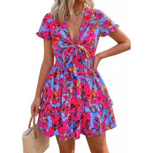 image:imagePRETTYGARDEN Women Summer Short Dress 2026 Casual V Neck Short Sleeve Tiered Bow Mini Sun Dresses Beach Vacation SundressFloral Rose Red