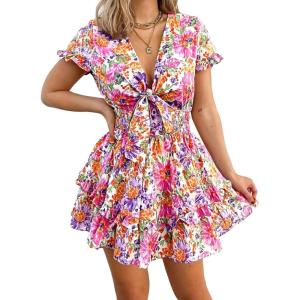 image:imagePRETTYGARDEN Women Summer Short Dress 2026 Casual V Neck Short Sleeve Tiered Bow Mini Sun Dresses Beach Vacation SundressFloral White