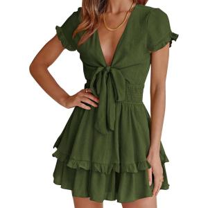 image:imagePRETTYGARDEN Women Summer Short Dress 2026 Casual V Neck Short Sleeve Tiered Bow Mini Sun Dresses Beach Vacation SundressOlive Green