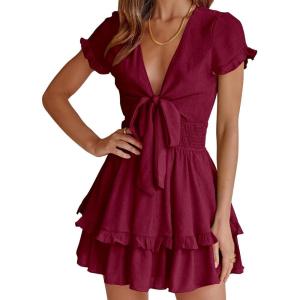 image:imagePRETTYGARDEN Women Summer Short Dress 2026 Casual V Neck Short Sleeve Tiered Bow Mini Sun Dresses Beach Vacation SundressWine Red