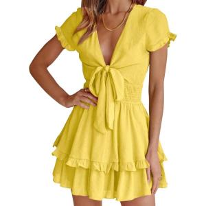 image:imagePRETTYGARDEN Women Summer Short Dress 2026 Casual V Neck Short Sleeve Tiered Bow Mini Sun Dresses Beach Vacation SundressYellow