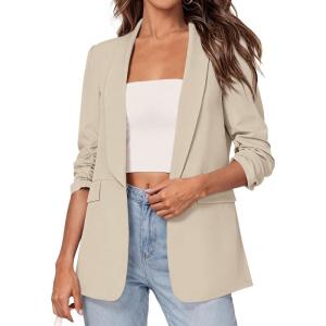 image:imagePRETTYGARDEN Womens 2026 Spring Blazers Business Casual Outfits Open Front Ruched 34 Sleeve Lightweight Work Suits JacketsBeige