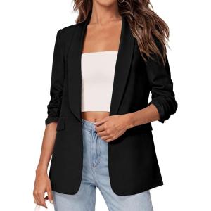 image:imagePRETTYGARDEN Womens 2026 Spring Blazers Business Casual Outfits Open Front Ruched 34 Sleeve Lightweight Work Suits JacketsBlack