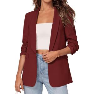 image:imagePRETTYGARDEN Womens 2026 Spring Blazers Business Casual Outfits Open Front Ruched 34 Sleeve Lightweight Work Suits JacketsBurgundy