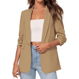 image:imagePRETTYGARDEN Womens 2026 Spring Blazers Business Casual Outfits Open Front Ruched 34 Sleeve Lightweight Work Suits JacketsKhaki