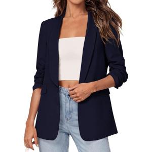 image:imagePRETTYGARDEN Womens 2026 Spring Blazers Business Casual Outfits Open Front Ruched 34 Sleeve Lightweight Work Suits JacketsNavy Blue