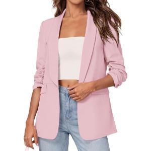 image:imagePRETTYGARDEN Womens 2026 Spring Blazers Business Casual Outfits Open Front Ruched 34 Sleeve Lightweight Work Suits JacketsPink
