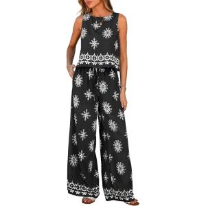 image:imagePRETTYGARDEN Womens 2026 Summer 2 Piece Lounge Sets Boho Floral Tank Tops Flowy Wide Leg Pants Travel Beach Vacation OutfitsFloral Black White