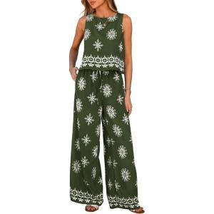 image:imagePRETTYGARDEN Womens 2026 Summer 2 Piece Lounge Sets Boho Floral Tank Tops Flowy Wide Leg Pants Travel Beach Vacation OutfitsFloral Dark Green White