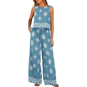 image:imagePRETTYGARDEN Womens 2026 Summer 2 Piece Lounge Sets Boho Floral Tank Tops Flowy Wide Leg Pants Travel Beach Vacation OutfitsFloral Grey Blue White