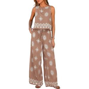 image:imagePRETTYGARDEN Womens 2026 Summer 2 Piece Lounge Sets Boho Floral Tank Tops Flowy Wide Leg Pants Travel Beach Vacation OutfitsFloral Khaki White