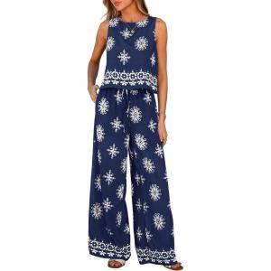 image:imagePRETTYGARDEN Womens 2026 Summer 2 Piece Lounge Sets Boho Floral Tank Tops Flowy Wide Leg Pants Travel Beach Vacation OutfitsFloral Navy White