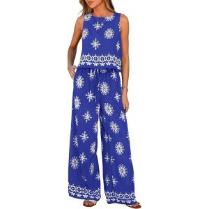 image:imagePRETTYGARDEN Womens 2026 Summer 2 Piece Lounge Sets Boho Floral Tank Tops Flowy Wide Leg Pants Travel Beach Vacation OutfitsFloral Royal Blue White