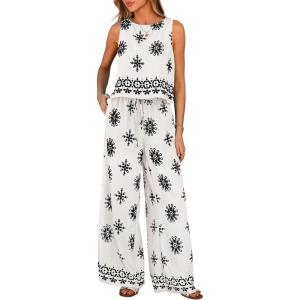 image:imagePRETTYGARDEN Womens 2026 Summer 2 Piece Lounge Sets Boho Floral Tank Tops Flowy Wide Leg Pants Travel Beach Vacation OutfitsFloral White Black