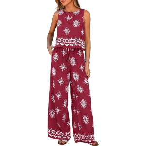 image:imagePRETTYGARDEN Womens 2026 Summer 2 Piece Lounge Sets Boho Floral Tank Tops Flowy Wide Leg Pants Travel Beach Vacation OutfitsFloral Wine Red White