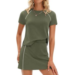 image:imagePRETTYGARDEN Womens 2026 Summer 2 Piece Skirt Sets Short Sleeve Shirts Tops Skorts Matching Workout Clothes Travel OutfitsArmy Green