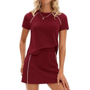image:imagePRETTYGARDEN Womens 2026 Summer 2 Piece Skirt Sets Short Sleeve Shirts Tops Skorts Matching Workout Clothes Travel OutfitsBurgundy