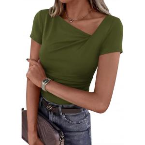 image:imagePRETTYGARDEN Womens 2026 Summer Asymmetrical Y2K Tops Trendy Ribbed Short Sleeve Fitted Tee Shirts Spring Fashion ClothingArmy Green
