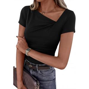 image:imagePRETTYGARDEN Womens 2026 Summer Asymmetrical Y2K Tops Trendy Ribbed Short Sleeve Fitted Tee Shirts Spring Fashion ClothingBlack