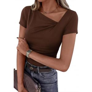 image:imagePRETTYGARDEN Womens 2026 Summer Asymmetrical Y2K Tops Trendy Ribbed Short Sleeve Fitted Tee Shirts Spring Fashion ClothingBrown