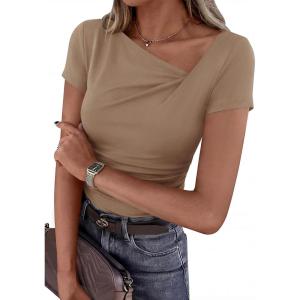 image:imagePRETTYGARDEN Womens 2026 Summer Asymmetrical Y2K Tops Trendy Ribbed Short Sleeve Fitted Tee Shirts Spring Fashion ClothingKhaki