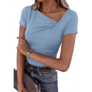 image:imagePRETTYGARDEN Womens 2026 Summer Asymmetrical Y2K Tops Trendy Ribbed Short Sleeve Fitted Tee Shirts Spring Fashion ClothingLight Blue