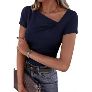 image:imagePRETTYGARDEN Womens 2026 Summer Asymmetrical Y2K Tops Trendy Ribbed Short Sleeve Fitted Tee Shirts Spring Fashion ClothingNavy Blue