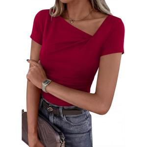 image:imagePRETTYGARDEN Womens 2026 Summer Asymmetrical Y2K Tops Trendy Ribbed Short Sleeve Fitted Tee Shirts Spring Fashion ClothingRed