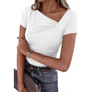 image:imagePRETTYGARDEN Womens 2026 Summer Asymmetrical Y2K Tops Trendy Ribbed Short Sleeve Fitted Tee Shirts Spring Fashion ClothingWhite