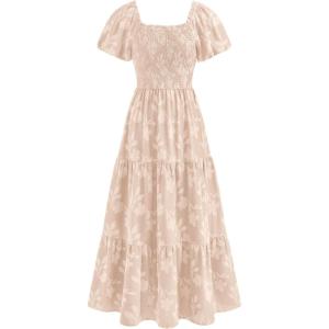 image:imagePRETTYGARDEN Womens 2026 Summer Boho Maxi Dresses Floral Short Sleeve Square Neck Smocked Flowy Long Dress Vacation OutfitsBeige