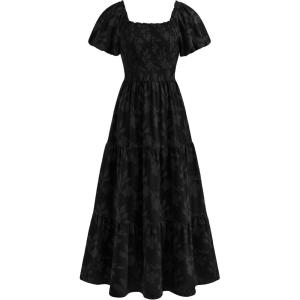 image:imagePRETTYGARDEN Womens 2026 Summer Boho Maxi Dresses Floral Short Sleeve Square Neck Smocked Flowy Long Dress Vacation OutfitsBlack