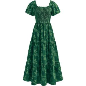 image:imagePRETTYGARDEN Womens 2026 Summer Boho Maxi Dresses Floral Short Sleeve Square Neck Smocked Flowy Long Dress Vacation OutfitsDark Green