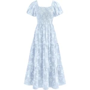 image:imagePRETTYGARDEN Womens 2026 Summer Boho Maxi Dresses Floral Short Sleeve Square Neck Smocked Flowy Long Dress Vacation OutfitsLight Blue