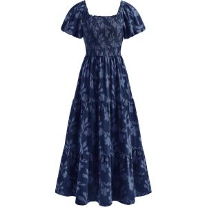 image:imagePRETTYGARDEN Womens 2026 Summer Boho Maxi Dresses Floral Short Sleeve Square Neck Smocked Flowy Long Dress Vacation OutfitsNavy Blue
