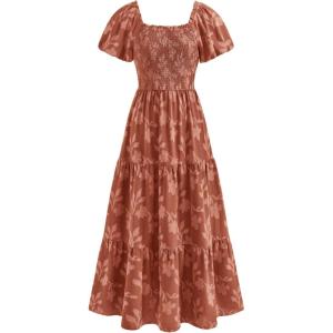 image:imagePRETTYGARDEN Womens 2026 Summer Boho Maxi Dresses Floral Short Sleeve Square Neck Smocked Flowy Long Dress Vacation OutfitsOrange