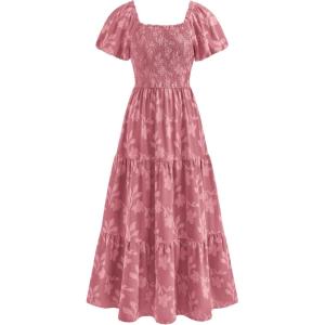 image:imagePRETTYGARDEN Womens 2026 Summer Boho Maxi Dresses Floral Short Sleeve Square Neck Smocked Flowy Long Dress Vacation OutfitsPink